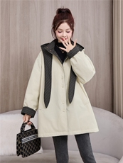 高端羽绒服女撞色格子拼接连帽中长款派克服冬2025新款白鸭绒外套，女装羽绒服，牡丹诺