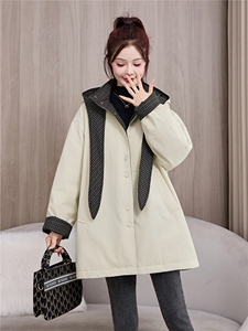 高端羽绒服女撞色格子拼接连帽中长款派克服冬2025新款白鸭绒外套图片