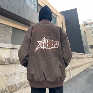 复古美式街头字母刺绣外套男女oversize宽松皮衣棒球服潮图片