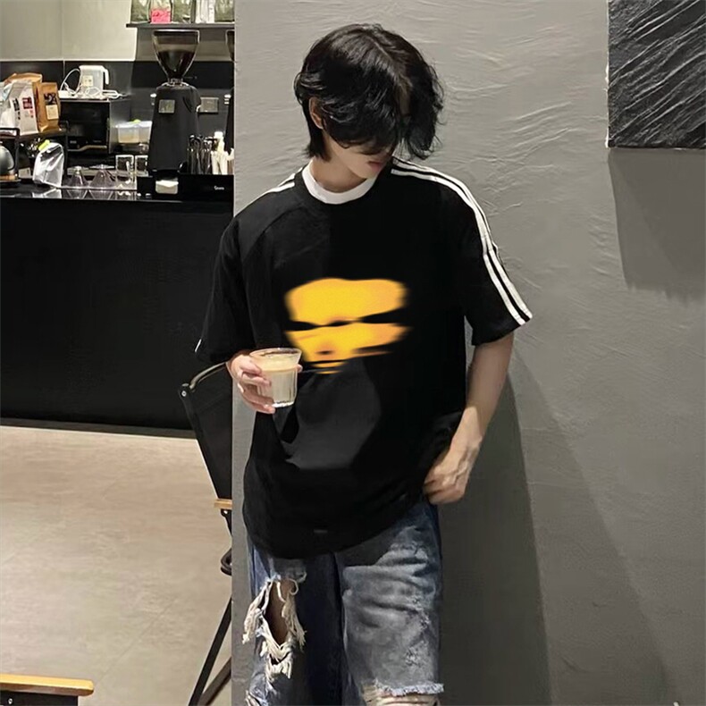 抖音得物高品质二开240克宽松纯棉美式潮牌三条杠织带短袖T恤,男装T恤,电商A486