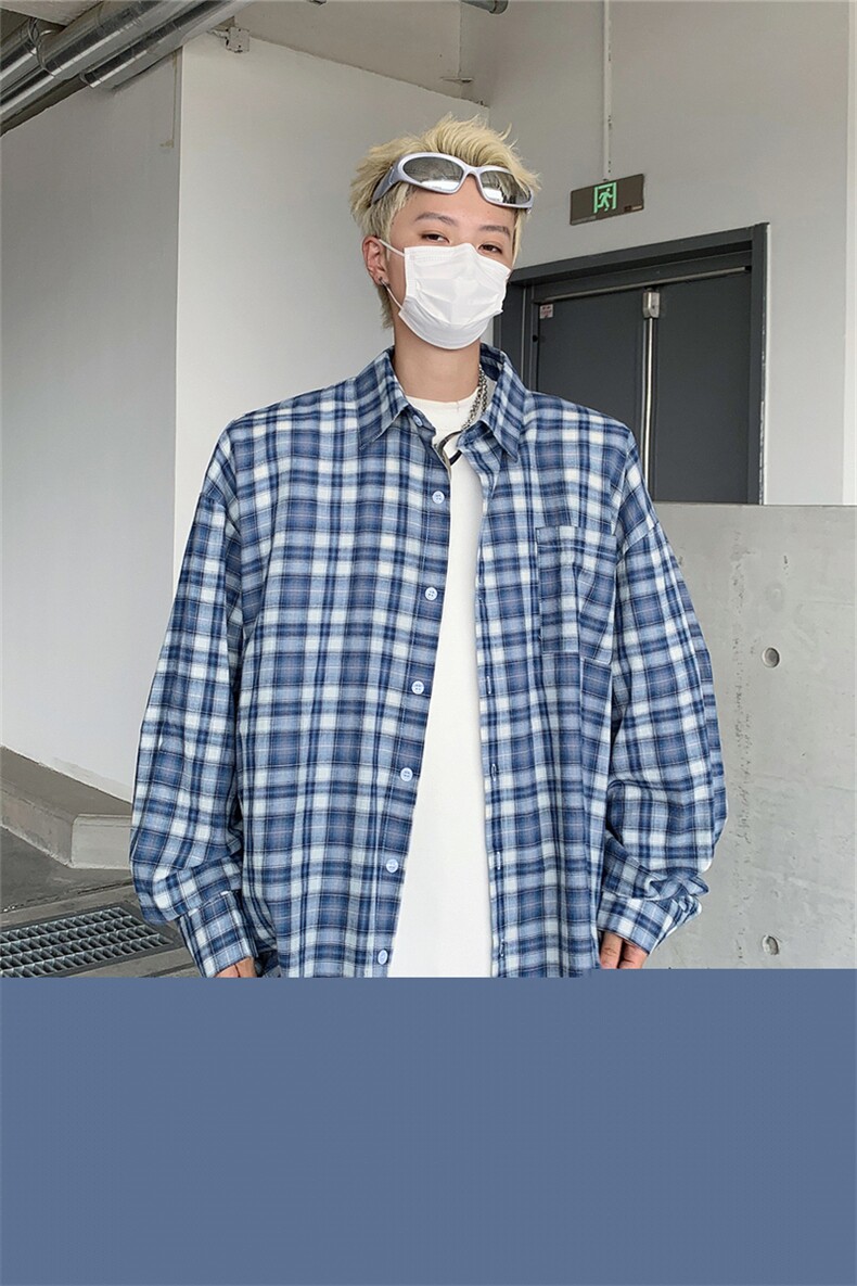 美式复古格子衬衫男春秋款宽松休闲外穿长袖格纹衬衣中性情侣街景,男装衬衫,星座505-2（原电商A260-1)