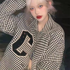 女装小香风千鸟格外套女春秋宽松百搭炸街夹克上衣ins潮毛呢外套，男装夹克，四季星座505