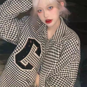 女装小香风千鸟格外套女春秋宽松百搭炸街夹克上衣ins潮毛呢外套图片