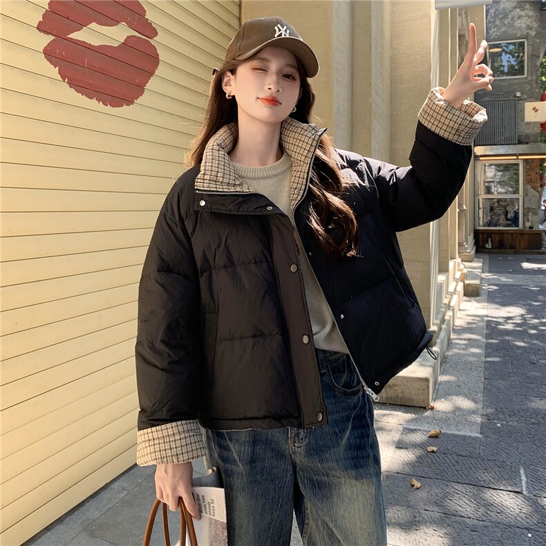 现货新款韩版宽松立领撞色格子袖口羽绒服短款外套百搭洋气,女装羽绒服,韩然一族
