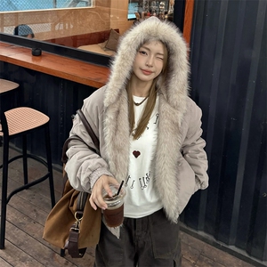 现货高品质美式高街冬季重磅硬挺短款座山雕毛领棉衣男女加厚外套图片