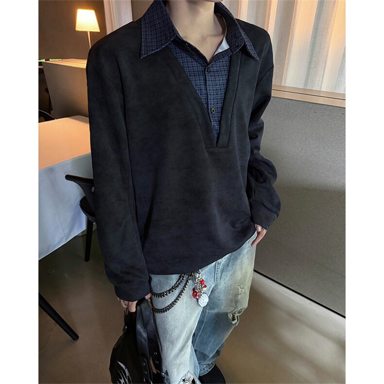 秋冬氛围感高街假两件卫衣经典格子假两件卫衣秋冬流行单品P55,男装卫衣,电商B319