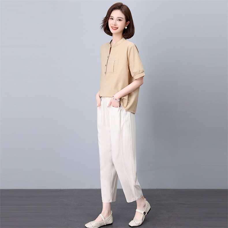 棉麻套装女2025新款夏装搭配一整套时尚微胖穿搭妈妈小个子两件套,女装套装/套裙,悦见她
