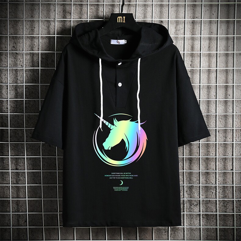 LD54138-P45 连帽短袖t恤男大码胖子带帽五分袖中袖 网格挂拍图片