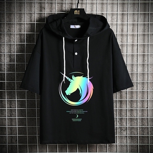 LD54138-P45 连帽短袖t恤男大码胖子带帽五分袖中袖 网格挂拍图片