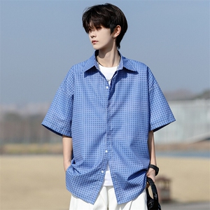 8XL-M短袖衬衫男夏宽松慵懒风痞帅条纹格子衫半袖外套DC28005P40图片