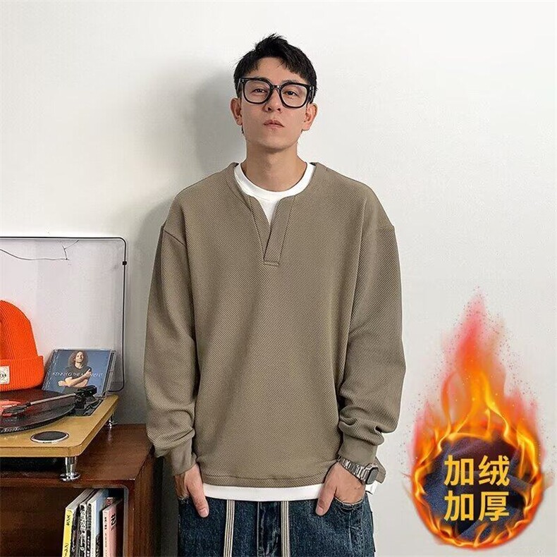 加绒加厚华夫格假两件卫衣男秋冬季2024新款高级感圆领长袖打底衫,男装卫衣,星座506A