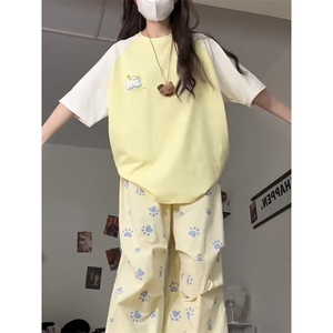 H0747-P35贴布刺绣螺纹领+包边拉肩甜美短袖T恤女图片