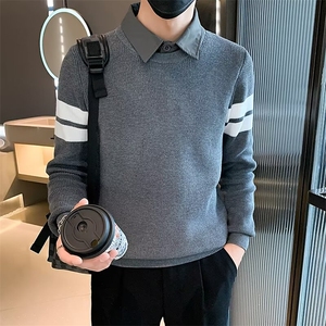 假两件毛衣男潮衬衫领内搭打底衫秋冬季男士修身翻领针织衫S583