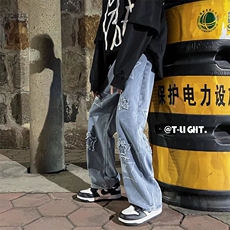 潮牌牛仔裤男宽松痞帅五角星ins韩版直筒裤休闲阔腿长裤N123-p45，男装牛仔裤，星座1008-1