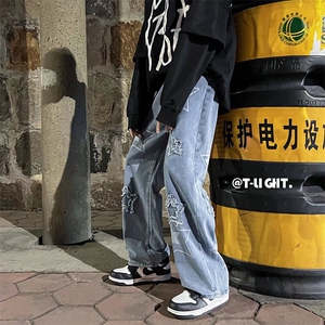 潮牌牛仔裤男宽松痞帅五角星ins韩版直筒裤休闲阔腿长裤N123-p45图片
