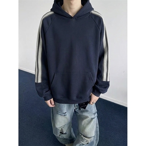 高品质春装新款 男女美式高街宽松纯色拼接织带撞色连帽卫衣FM18图片