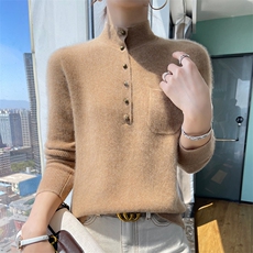 25秋冬新款100%纯羊毛衫女半高领系扣带兜套头毛衣羊绒针织打底衫，女装羊毛衫，百越羊绒