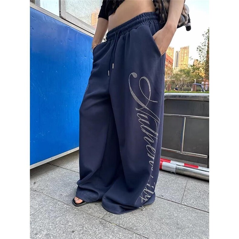 1506/GC200/P65美式设计感烫钻抽绳宽松百搭休闲直筒拖地长裤图片