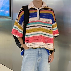 镂空彩色拼接短袖毛衣男翻领夏季宽松痞帅线衣针织衫MY390P38，男装针织衫/毛衣，星座410-2