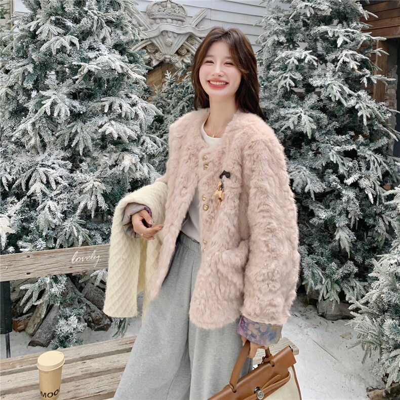 浅粉色风羊羔毛外套女冬2025新款加厚保暖小个子两面穿皮毛一体,女装皮草,2C218