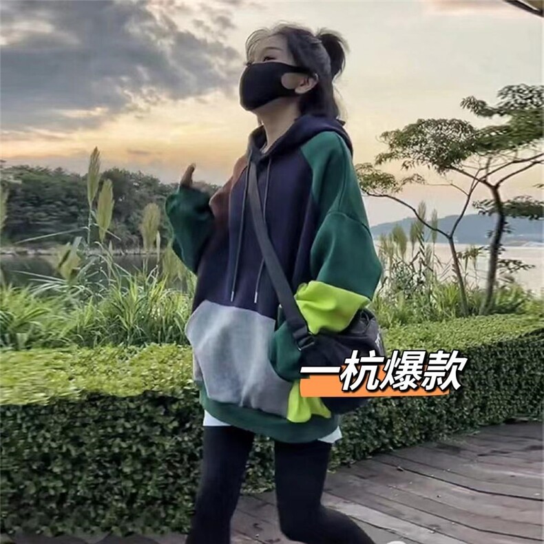 撞色加绒卫衣，女装卫衣/绒衫，一杭