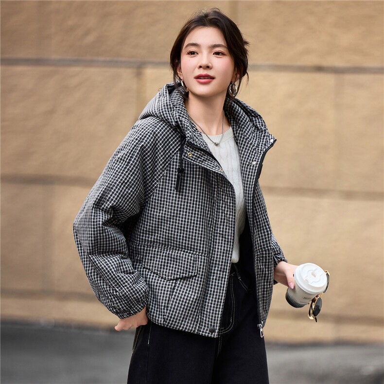 2025年冬季宽松连帽格子加厚棉衣服棉短款外套,女装棉衣/棉服,简韵佳