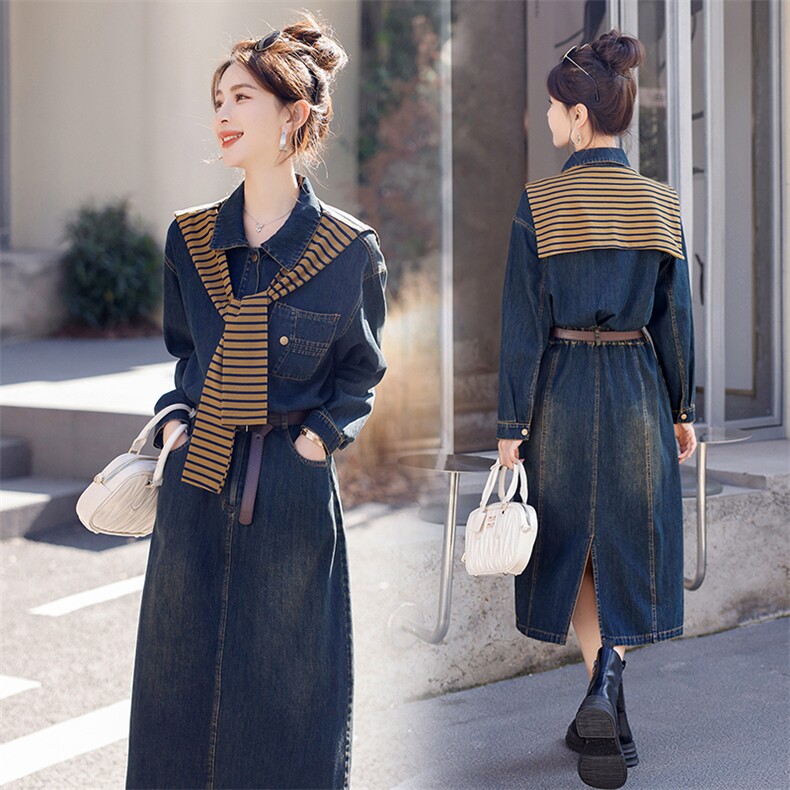 时尚春季牛仔连衣裙中长款显瘦修身设计，女装连衣裙，秋水欣儿