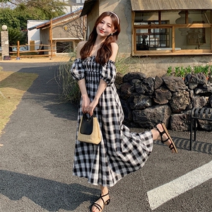 法式复古格纹连衣裙女2024夏季新款高级感减龄收腰显瘦两穿A字裙图片