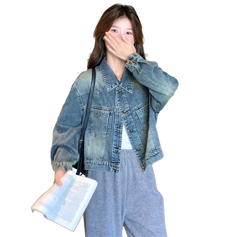复古港风重工水洗短款牛仔外套女2024秋季新款时尚百搭设计感上衣,女装牛仔外套,纯色衣恋