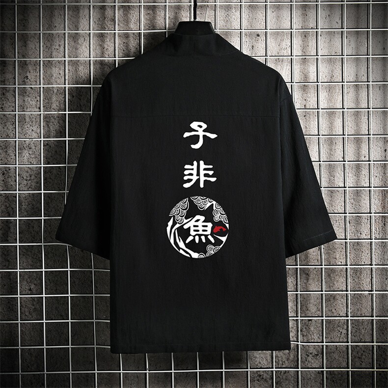 HF59070-P40风汉服男开衫外套七分袖道袍网格挂拍,男装民族服装,电商A040A
