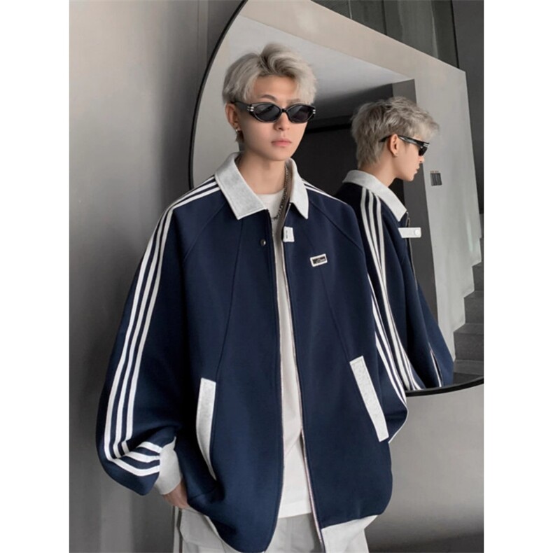 美式复古三条杠潮牌宽松拼接设计感外套夹克棒球服男士W1703p58,男装夹克,电商D315