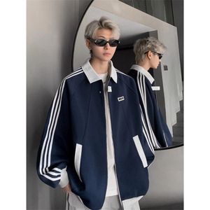 美式复古三条杠潮牌宽松拼接设计感外套夹克棒球服男士W1703p58图片