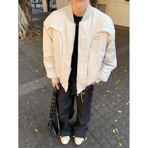 日系春秋季解构弧形设计小众飞行员夹克男女情侣机车夹克棒球服图片