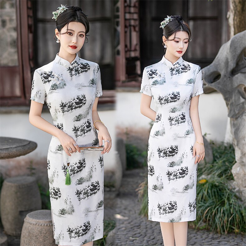 新中式风弹力水墨印花旗袍（有弹力）2503P120,女装汉服/婚纱/旗袍/礼服,乐衣轩