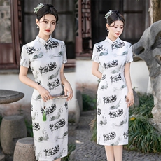 新中式风弹力水墨印花旗袍（有弹力）2503P120，女装汉服/婚纱/旗袍/礼服，乐衣轩
