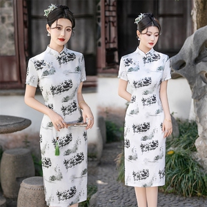 新中式风弹力水墨印花旗袍（有弹力） 2503 P120图片