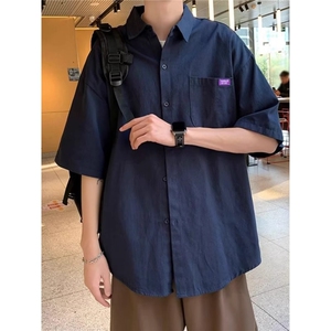 日系潮牌短袖衬衫男夏季纯色百搭五分袖衬衣学生休闲薄款寸衣外套图片