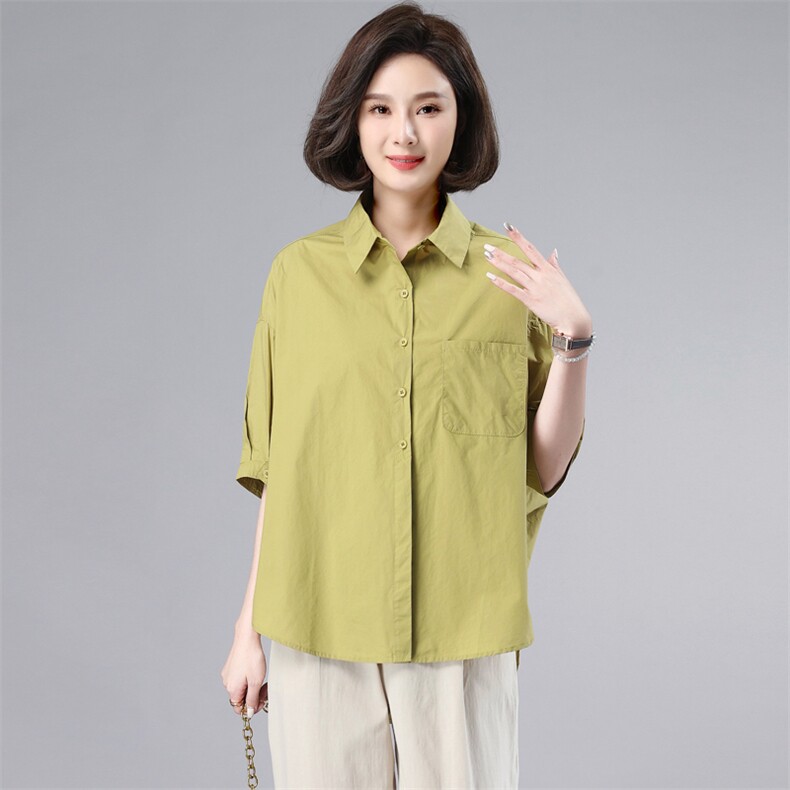 纯棉衬衫女五分袖夏季薄款2022新款宽松中年妈妈休闲法式短袖衬衣,女装衬衫,奕阳依阁