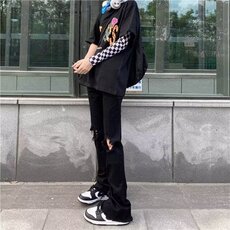 美式高街黑色破洞牛仔裤男直筒潮牌微喇叭设计感痞帅Z723P37，男装牛仔裤，星座1112-1