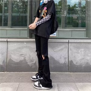 美式高街黑色破洞牛仔裤男直筒潮牌微喇叭设计感痞帅Z723 P37图片