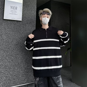 B427P48绿色条纹翻领毛衣男美式高街半拉链设计套头针织衫早秋设图片