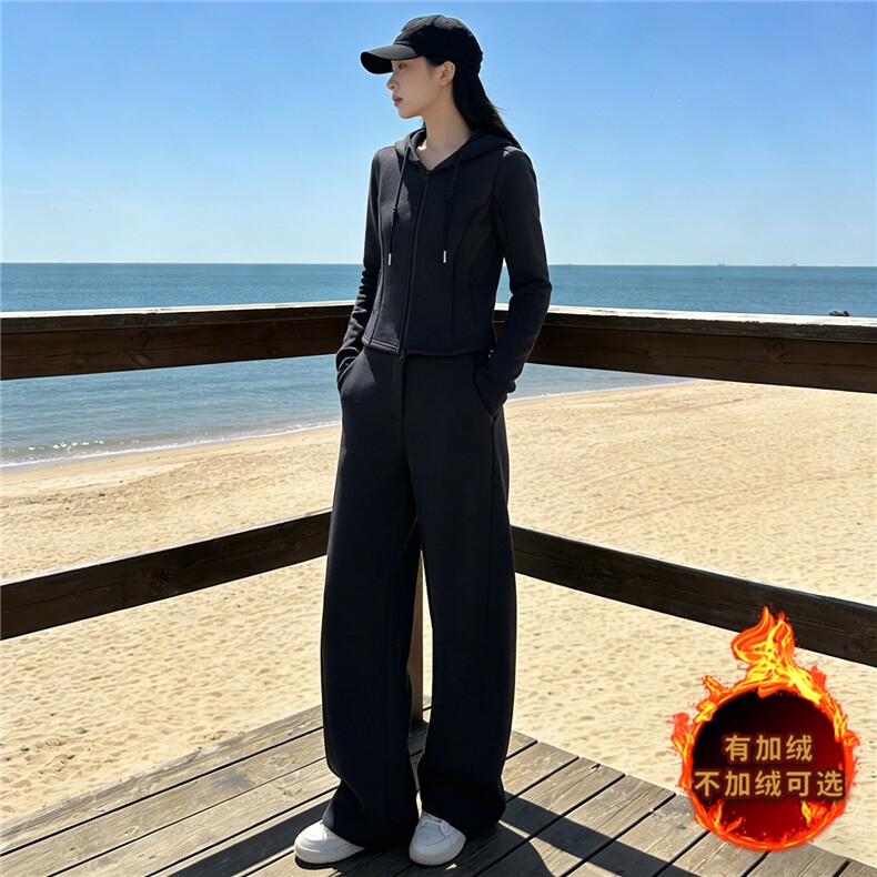 重工减龄时尚套装女秋季款设计感娃娃领双头拉链上衣阔腿裤两件套,女装套装/套裙,2C310