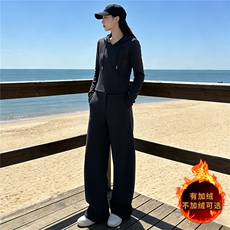 重工减龄时尚套装女秋季款设计感娃娃领双头拉链上衣阔腿裤两件套，女装套装/套裙，2C310