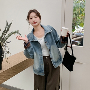 格子拼接牛仔外套女春秋2025新款百搭流行别致独特设计感夹克上衣图片