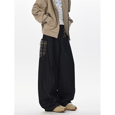 复古格纹拼接弯刀牛仔裤男女秋季潮男裤k96p55控88，男装牛仔裤，星座1011-1