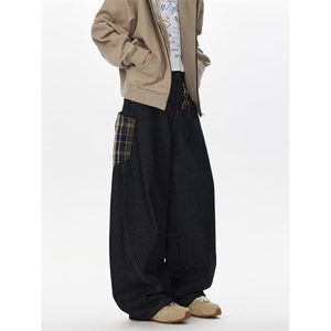 复古格纹拼接弯刀牛仔裤男女秋季潮男裤 k96 p55 控88，男装牛仔裤，星座1011-1