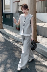 夏季马甲阔腿裤时尚两件套女，女装套装/套裙，秋水欣儿