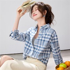 2026春夏新款蓝白格纹衬衫女学院风宽松慵懒风叠穿衬衣透气纯棉图片