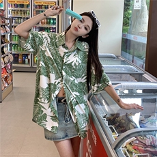 EQ401夏威夷风冰丝衬衫情侣装夏季短袖沙滩旅游度假衬衣男女ins，女装衬衫，电商C306-1