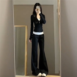 韩版时尚修身显瘦套装女秋款连帽开衫外套内搭背心阔腿长裤三件套图片